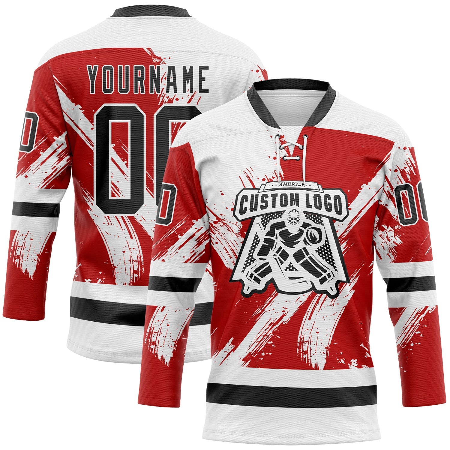 Custom White Black-Red Abstract Splatter Paint Hockey Lace Neck Jersey view 2