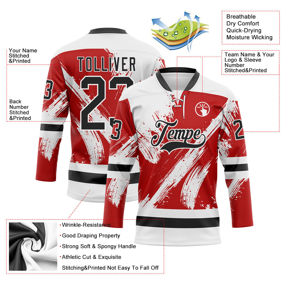 Custom White Black-Red Abstract Splatter Paint Hockey Lace Neck Jersey view 5