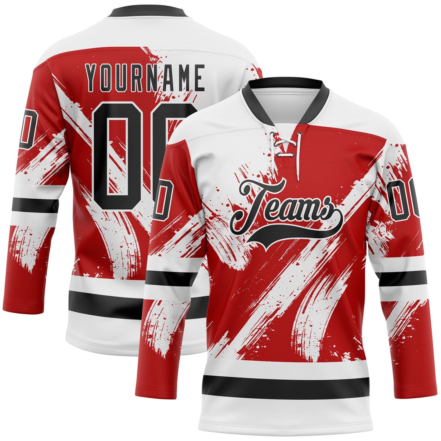 Custom White Black-Red Abstract Splatter Paint Hockey Lace Neck Jersey - Main View