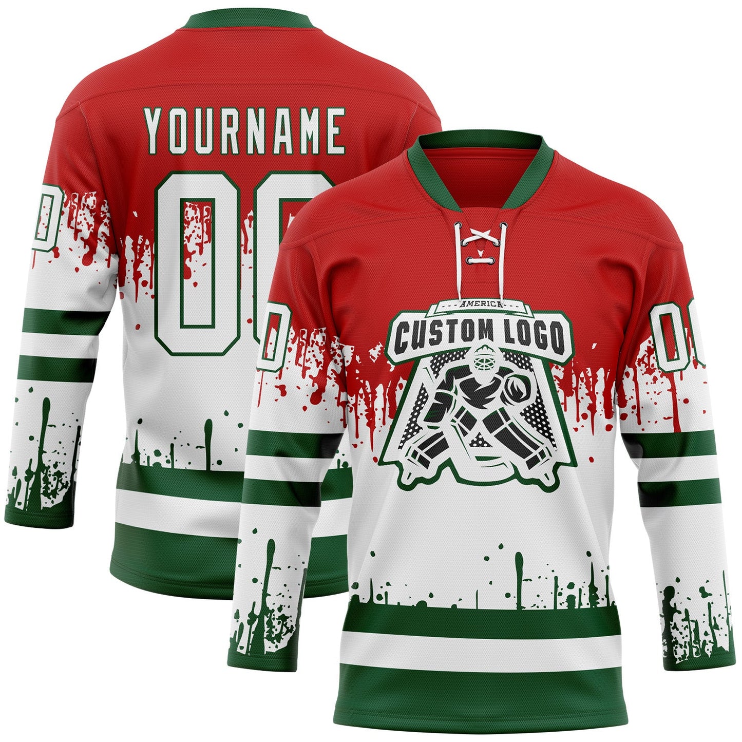 Custom Red White-Green Abstract Splatter Paint Mexico Christmas Hockey Lace Neck Jersey view 2
