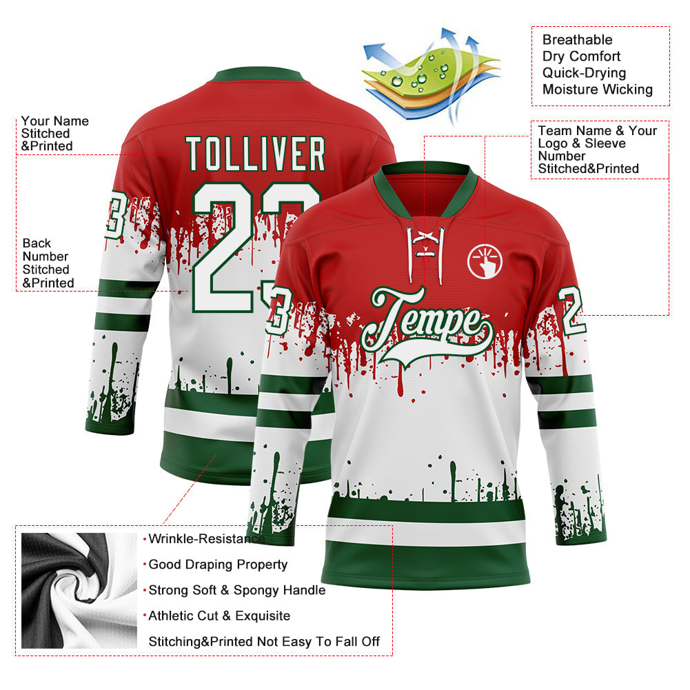 Custom Red White-Green Abstract Splatter Paint Mexico Christmas Hockey Lace Neck Jersey view 5