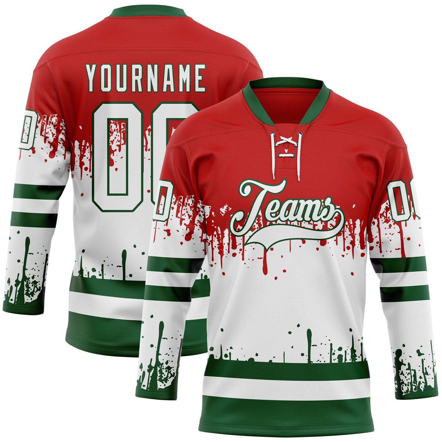 Custom Red White-Green Abstract Splatter Paint Mexico Christmas Hockey Lace Neck Jersey - Main View