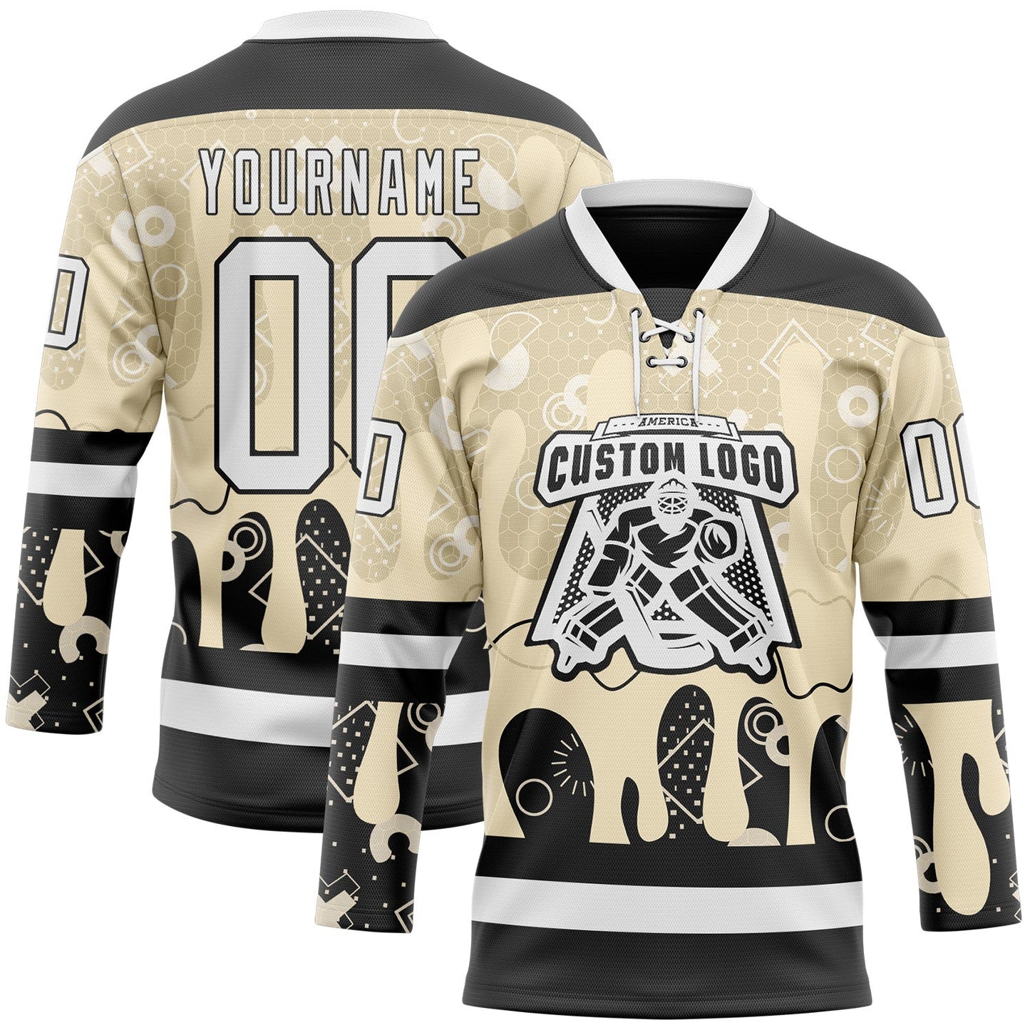 Custom City Cream White-Black Abstract Splatter Paint Hockey Lace Neck Jersey view 2