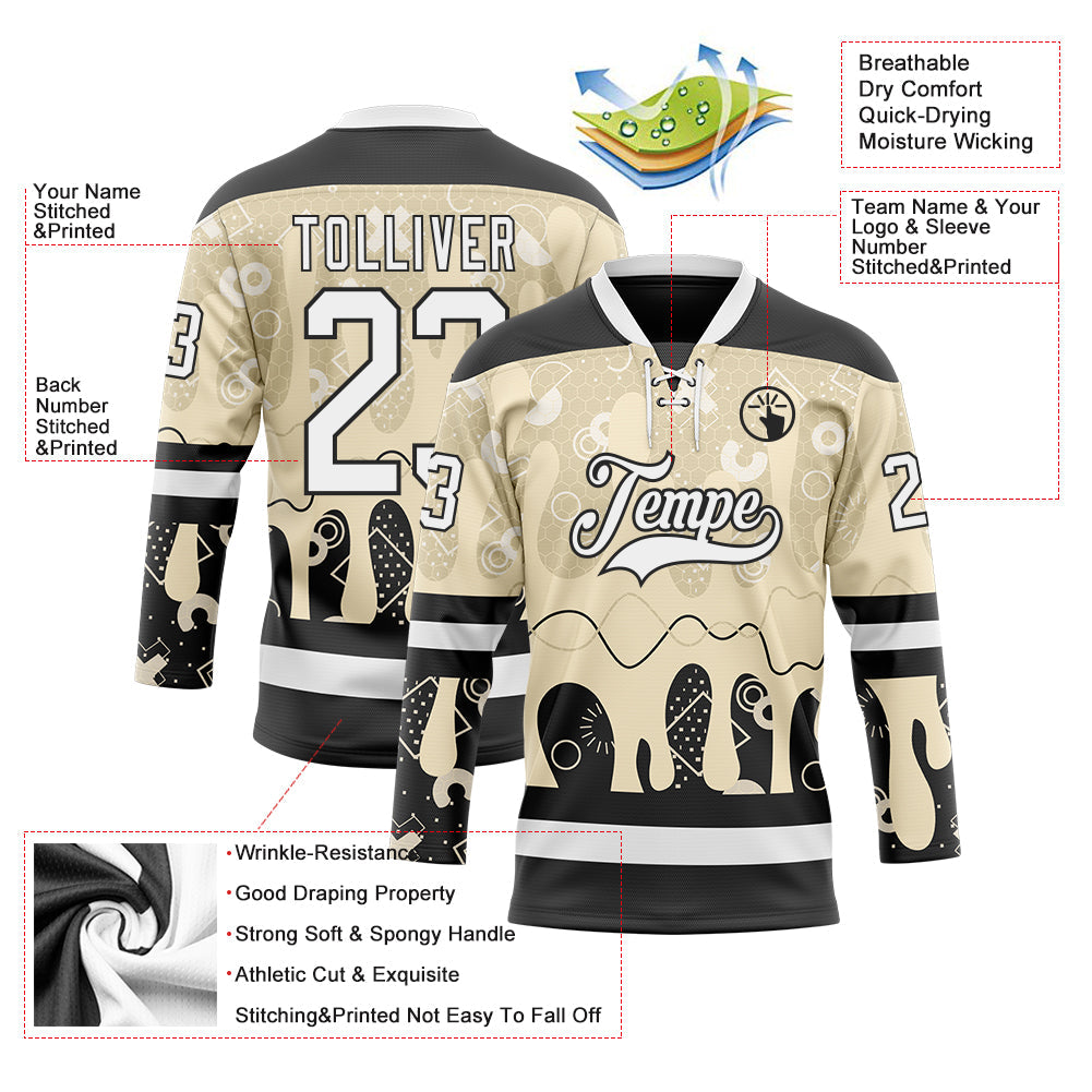 Custom City Cream White-Black Abstract Splatter Paint Hockey Lace Neck Jersey view 5