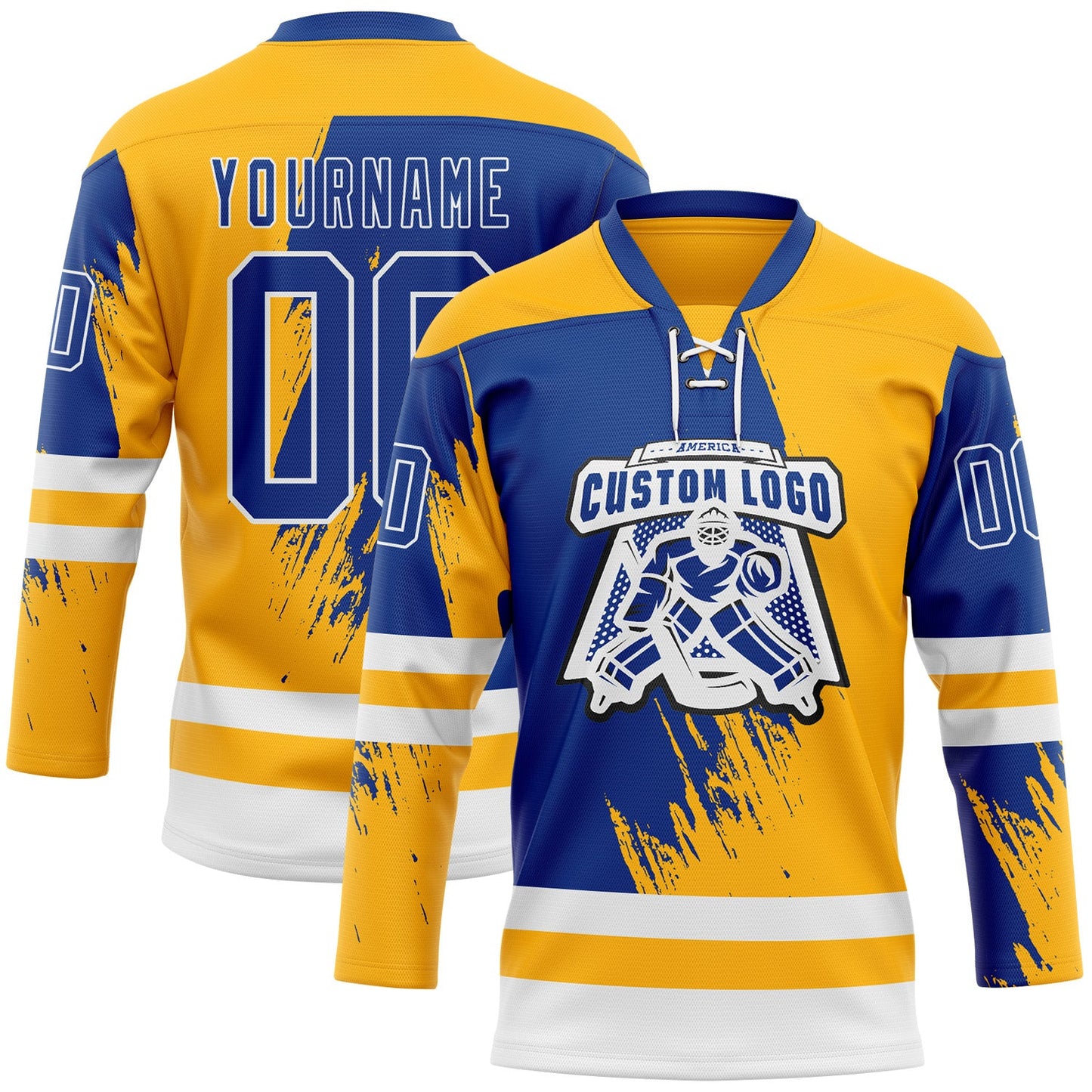 Custom Gold Royal-White Abstract Splatter Paint Hockey Lace Neck Jersey view 2