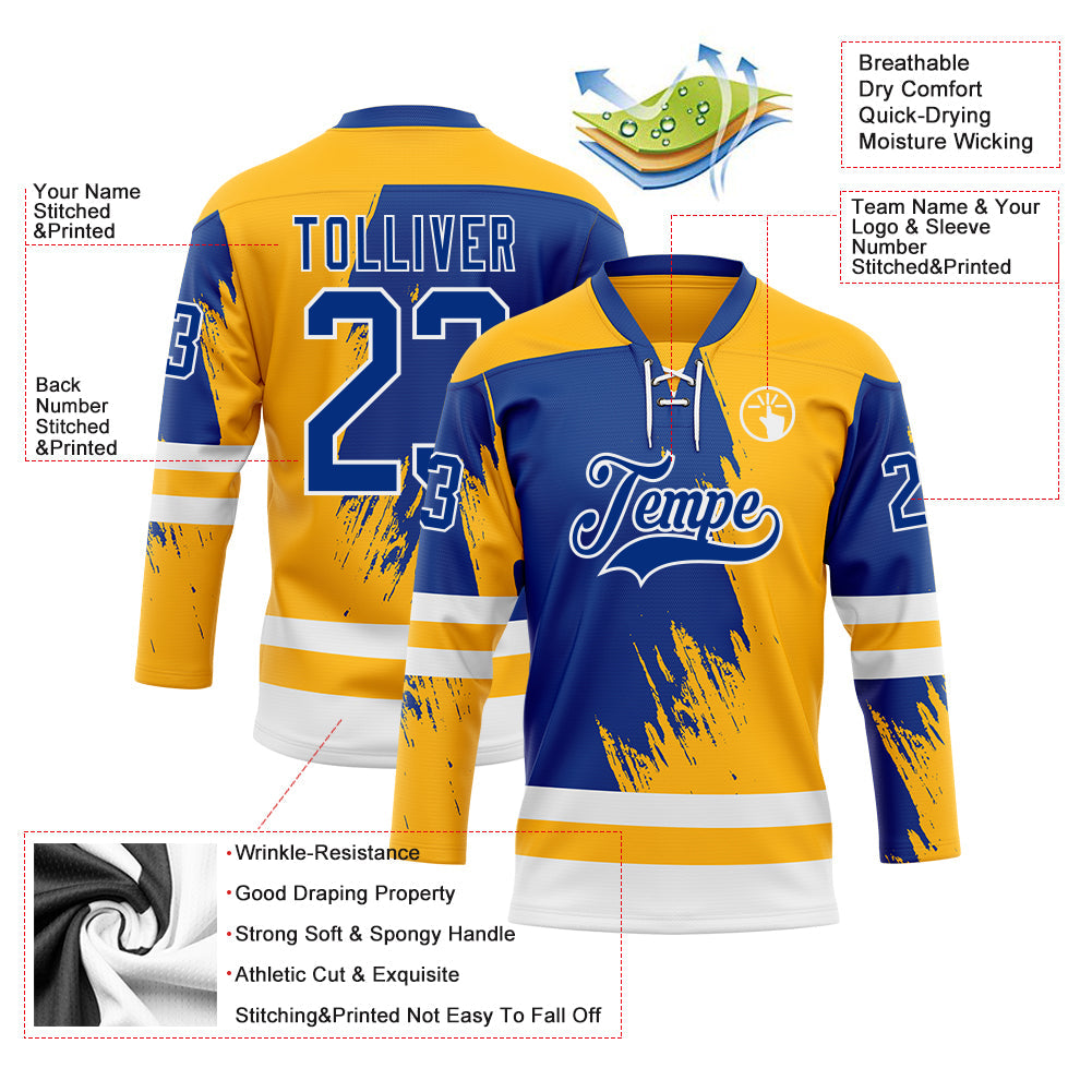 Custom Gold Royal-White Abstract Splatter Paint Hockey Lace Neck Jersey view 5