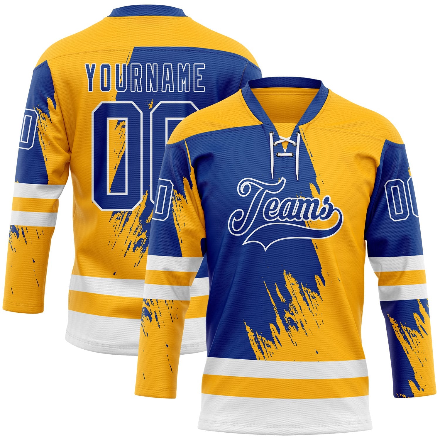 Custom Gold Royal-White Abstract Splatter Paint Hockey Lace Neck Jersey - Main View