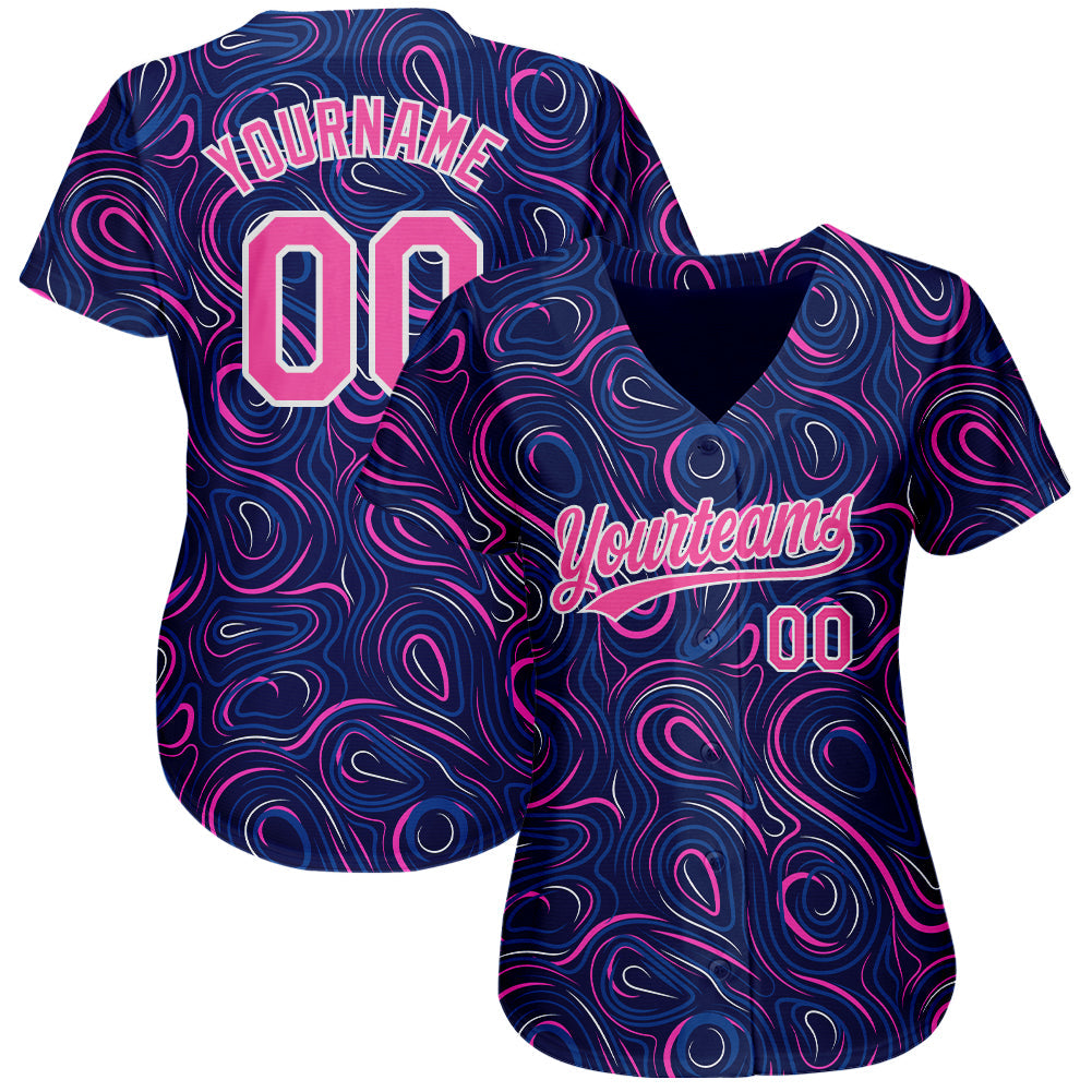 Custom Navy Pink-White 3D Pattern Design Authentic Baseball Jersey view 2