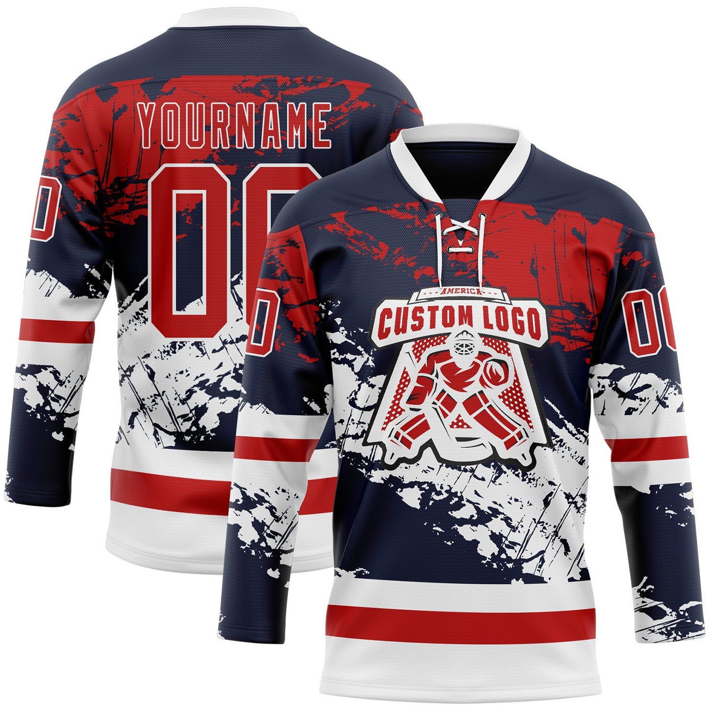 Custom Navy Red-White Abstract Splatter Paint Hockey Lace Neck Jersey view 2
