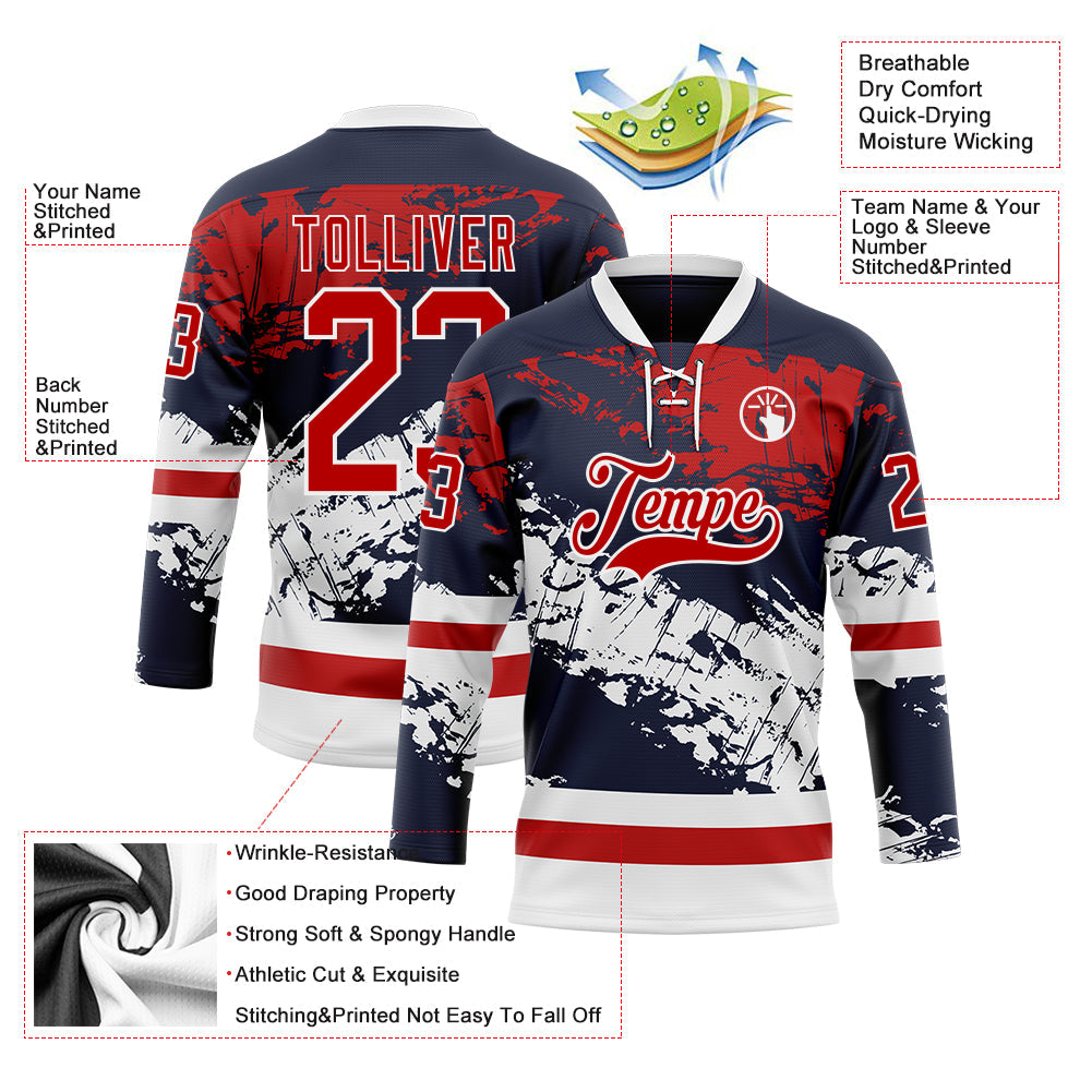 Custom Navy Red-White Abstract Splatter Paint Hockey Lace Neck Jersey view 5