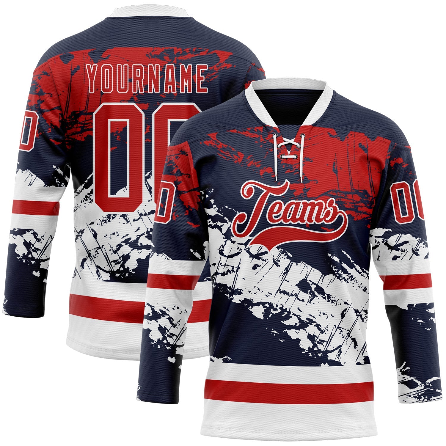 Custom Navy Red-White Abstract Splatter Paint Hockey Lace Neck Jersey - Main View