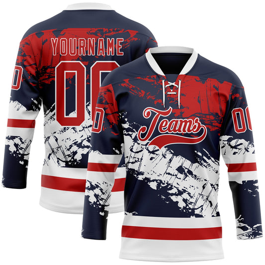 Custom Navy Red-White Abstract Splatter Paint Hockey Lace Neck Jersey - Main View