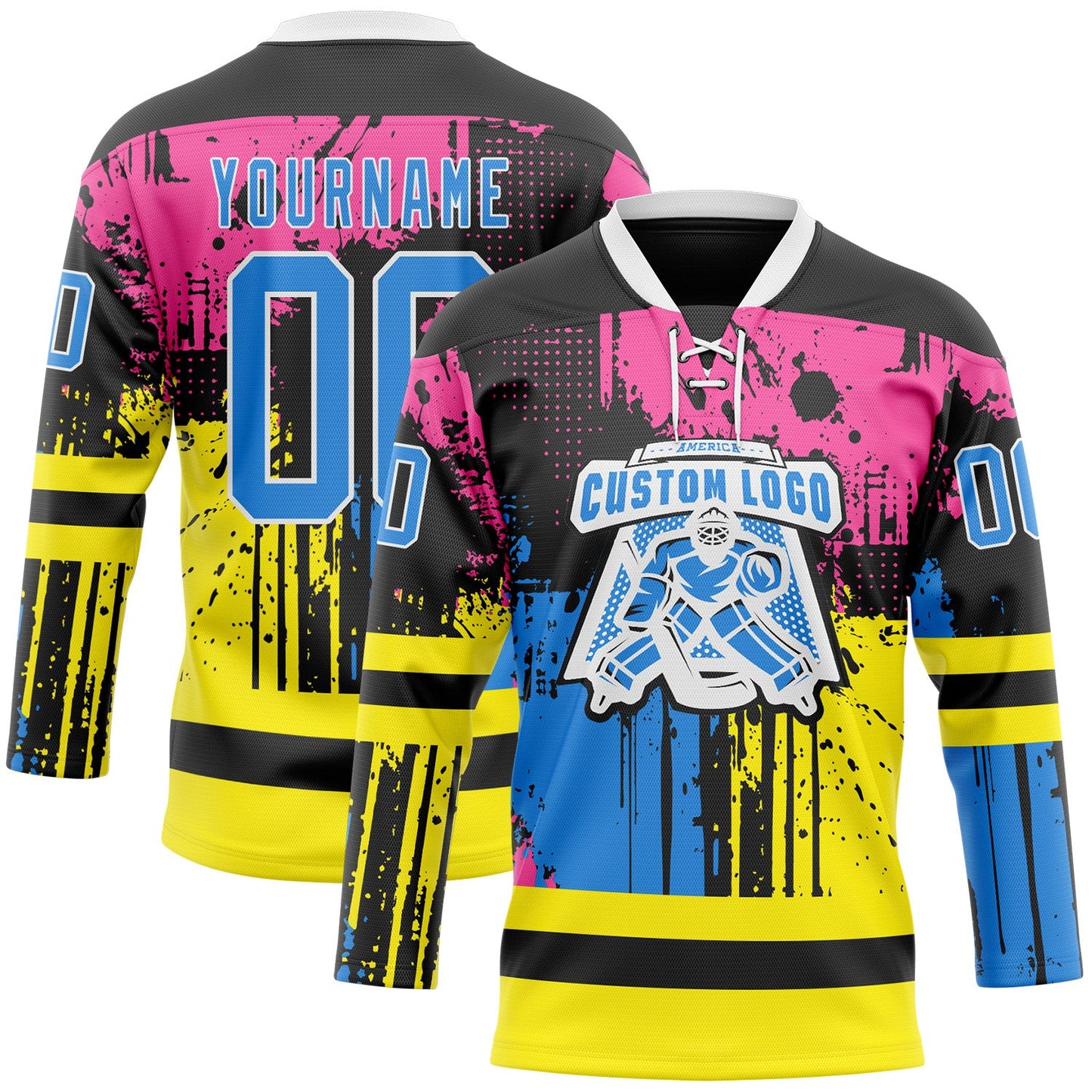 Custom Black Powder Blue Pink Yellow-White Abstract Splatter Paint Hockey Lace Neck Jersey view 2