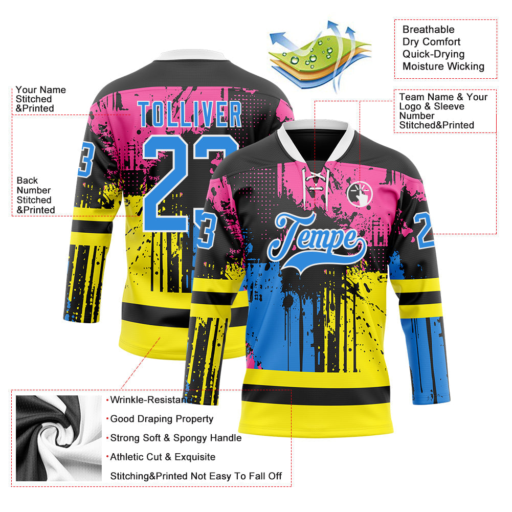 Custom Black Powder Blue Pink Yellow-White Abstract Splatter Paint Hockey Lace Neck Jersey view 5