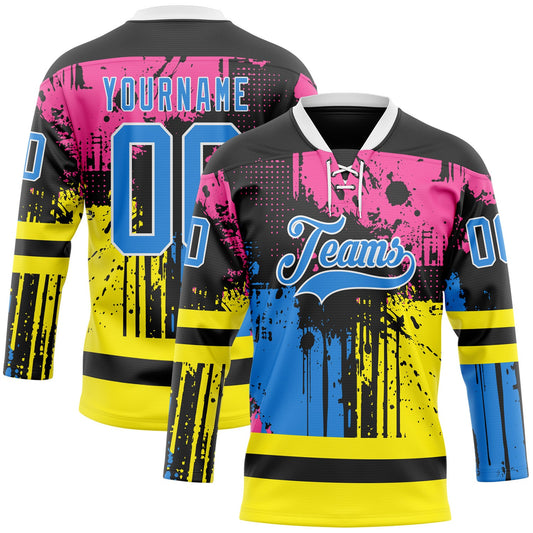 Custom Black Powder Blue Pink Yellow-White Abstract Splatter Paint Hockey Lace Neck Jersey - Main View