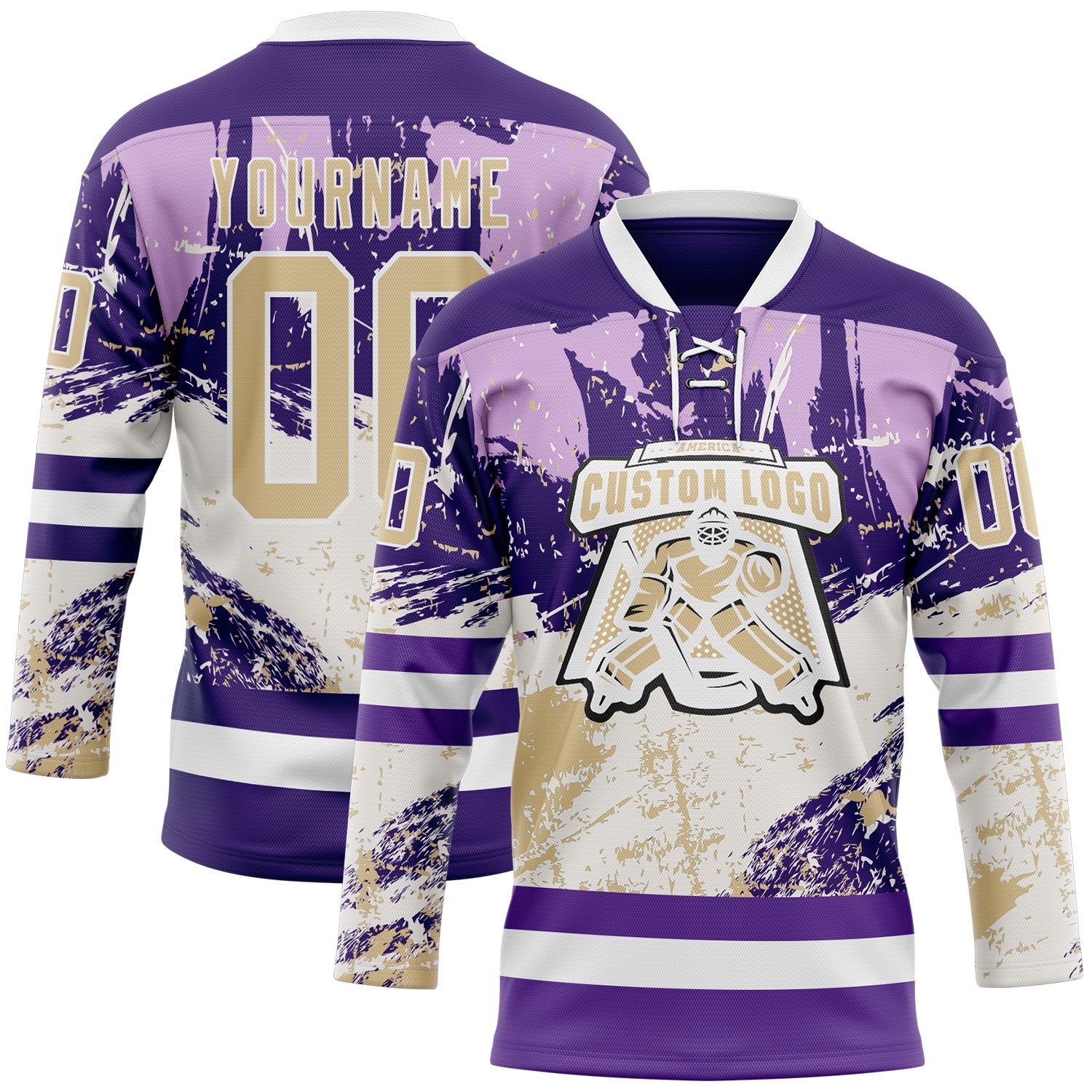 Custom Purple Vegas Gold-White Abstract Splatter Paint Hockey Lace Neck Jersey view 2
