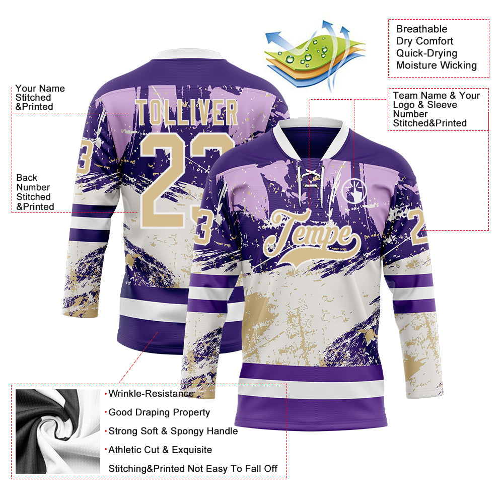 Custom Purple Vegas Gold-White Abstract Splatter Paint Hockey Lace Neck Jersey view 5