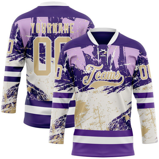Custom Purple Vegas Gold-White Abstract Splatter Paint Hockey Lace Neck Jersey - Main View