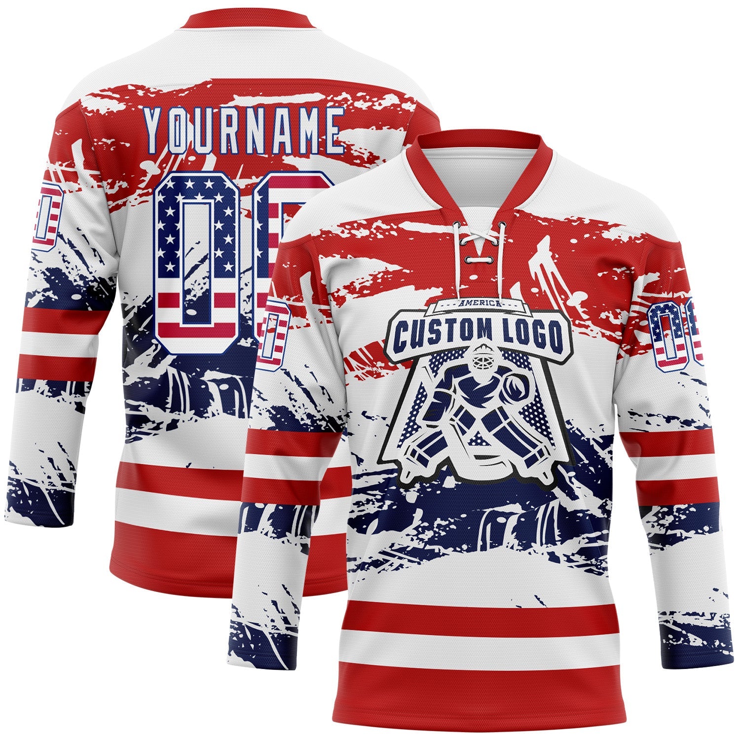 Custom White USA Flag Red-Royal Abstract Splatter Paint Hockey Lace Neck Jersey view 2