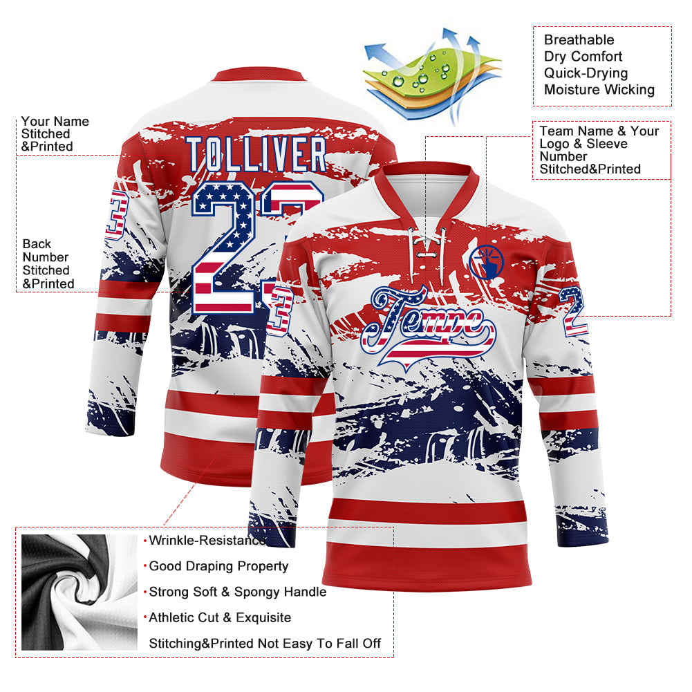 Custom White USA Flag Red-Royal Abstract Splatter Paint Hockey Lace Neck Jersey view 5