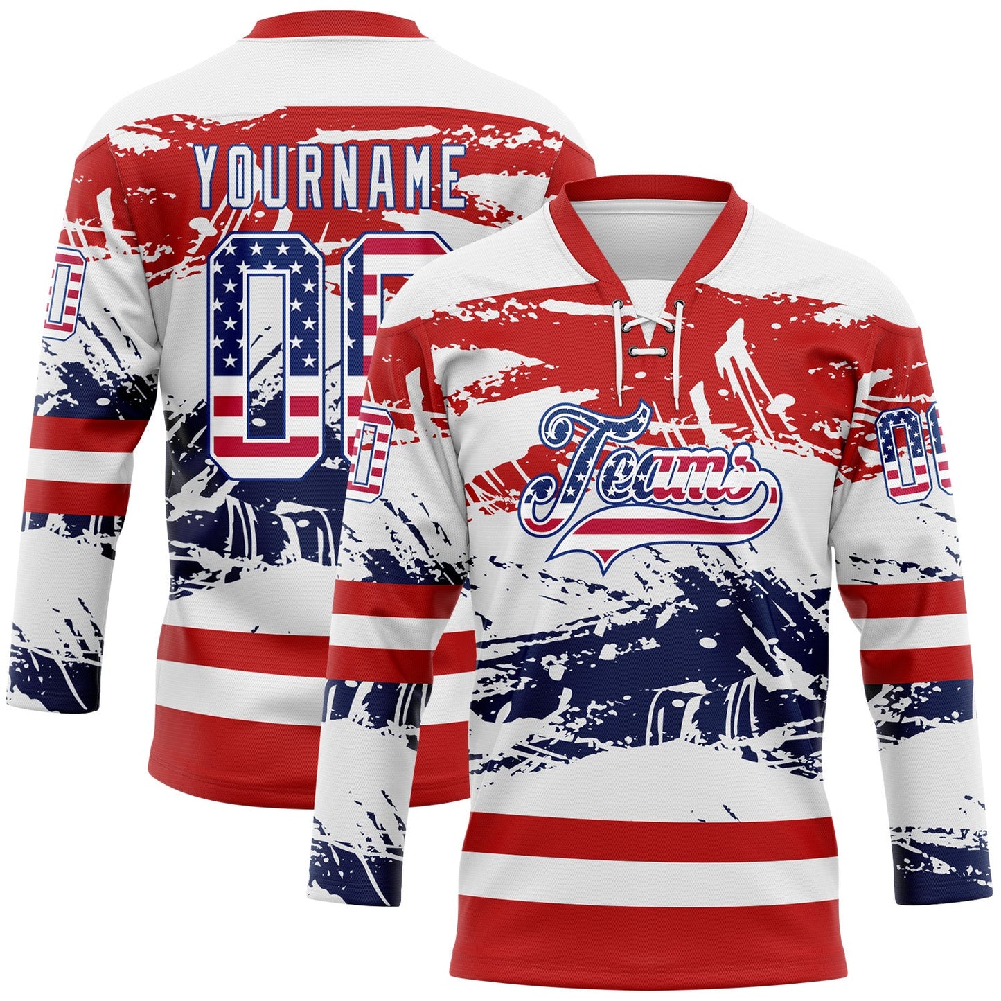 Custom White USA Flag Red-Royal Abstract Splatter Paint Hockey Lace Neck Jersey - Main View
