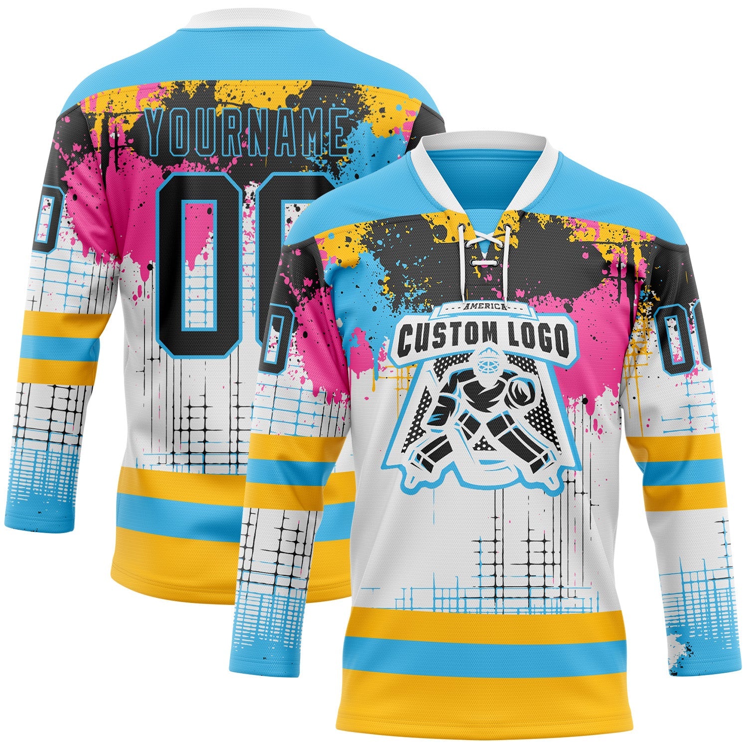 Custom White Black Sky Blue Pink-Gold Abstract Splatter Paint Hockey Lace Neck Jersey view 2