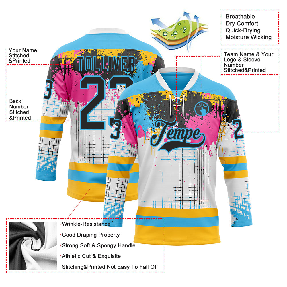 Custom White Black Sky Blue Pink-Gold Abstract Splatter Paint Hockey Lace Neck Jersey view 5