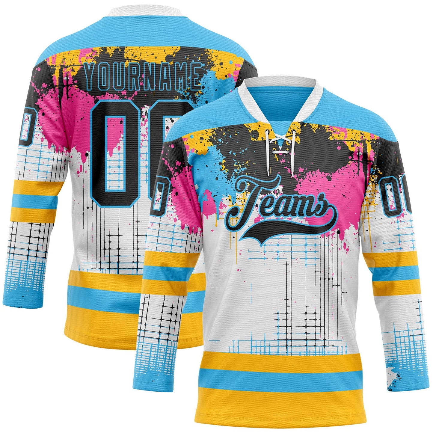 Custom White Black Sky Blue Pink-Gold Abstract Splatter Paint Hockey Lace Neck Jersey - Main View