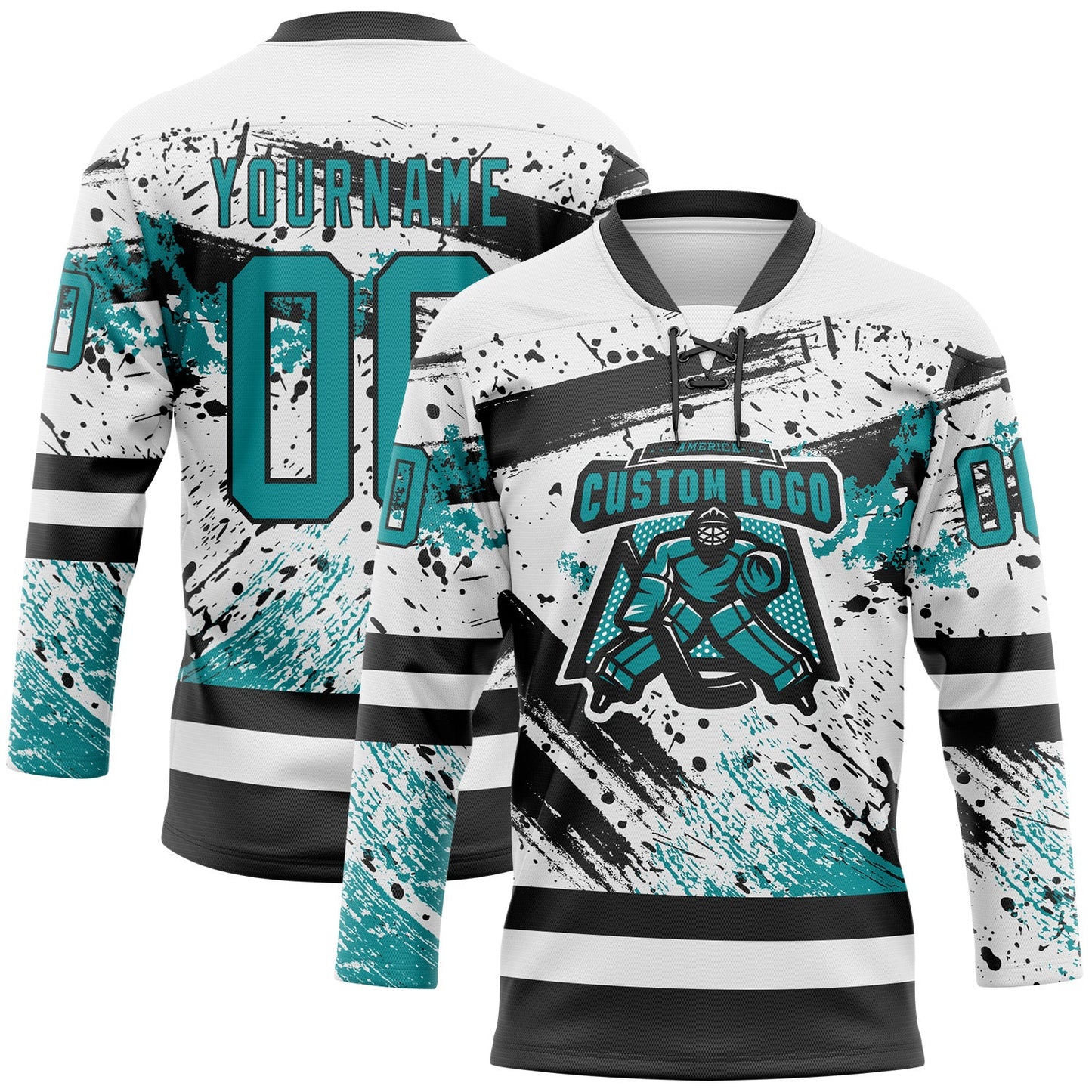 Custom White Teal-Black Abstract Splatter Paint Hockey Lace Neck Jersey view 2