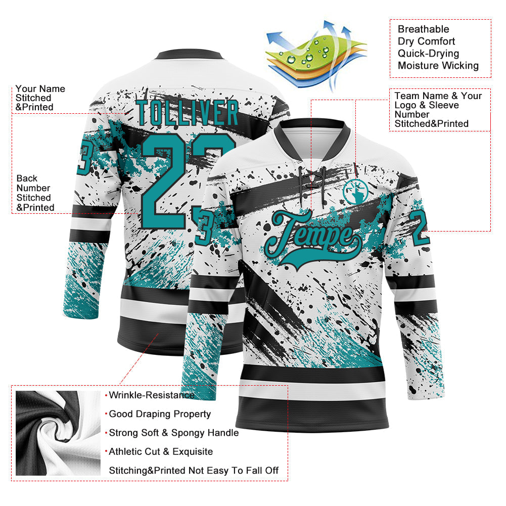 Custom White Teal-Black Abstract Splatter Paint Hockey Lace Neck Jersey view 5