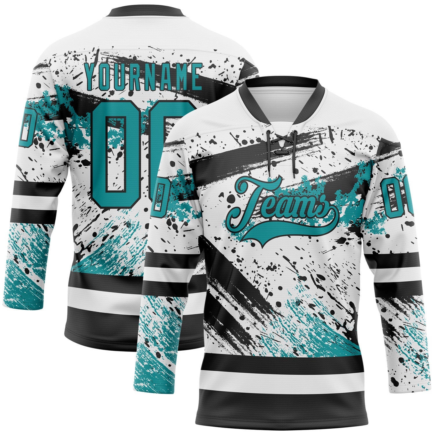 Custom White Teal-Black Abstract Splatter Paint Hockey Lace Neck Jersey - Main View