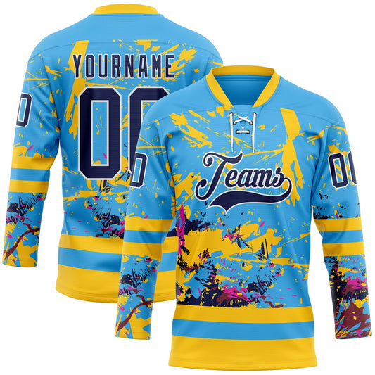 Custom Sky Blue Navy Yellow Red-White Abstract Splatter Paint Hockey Lace Neck Jersey - Main View