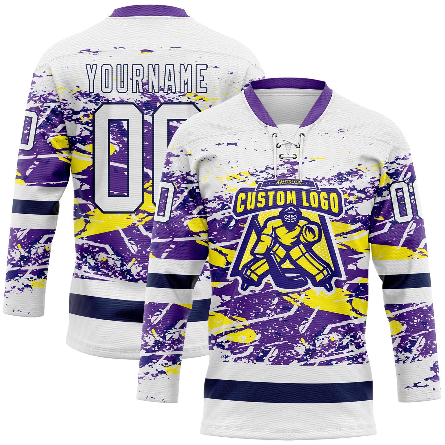 Custom White Purple Yellow-Navy Abstract Splatter Paint Grunge Hockey Lace Neck Jersey view 2