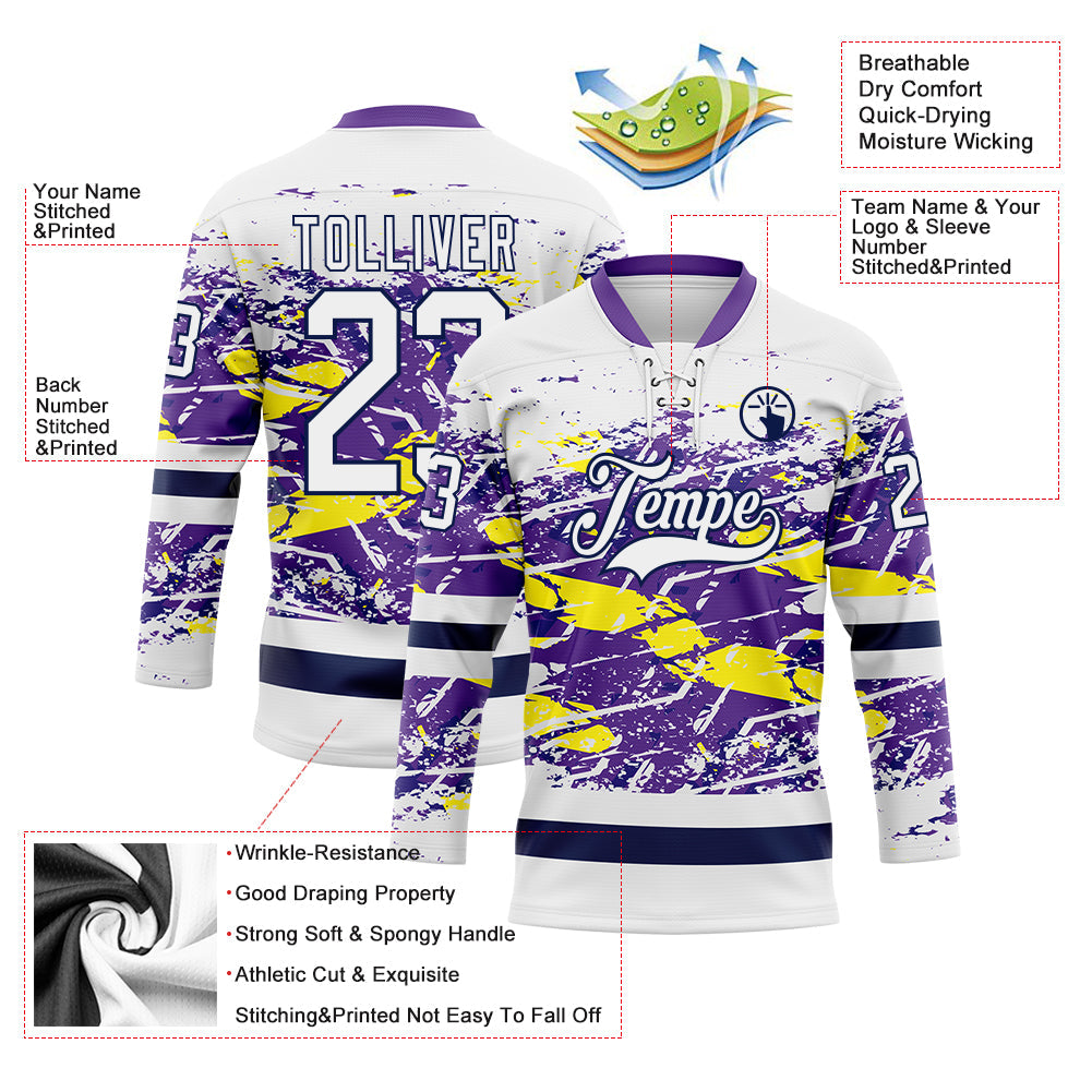 Custom White Purple Yellow-Navy Abstract Splatter Paint Grunge Hockey Lace Neck Jersey view 5