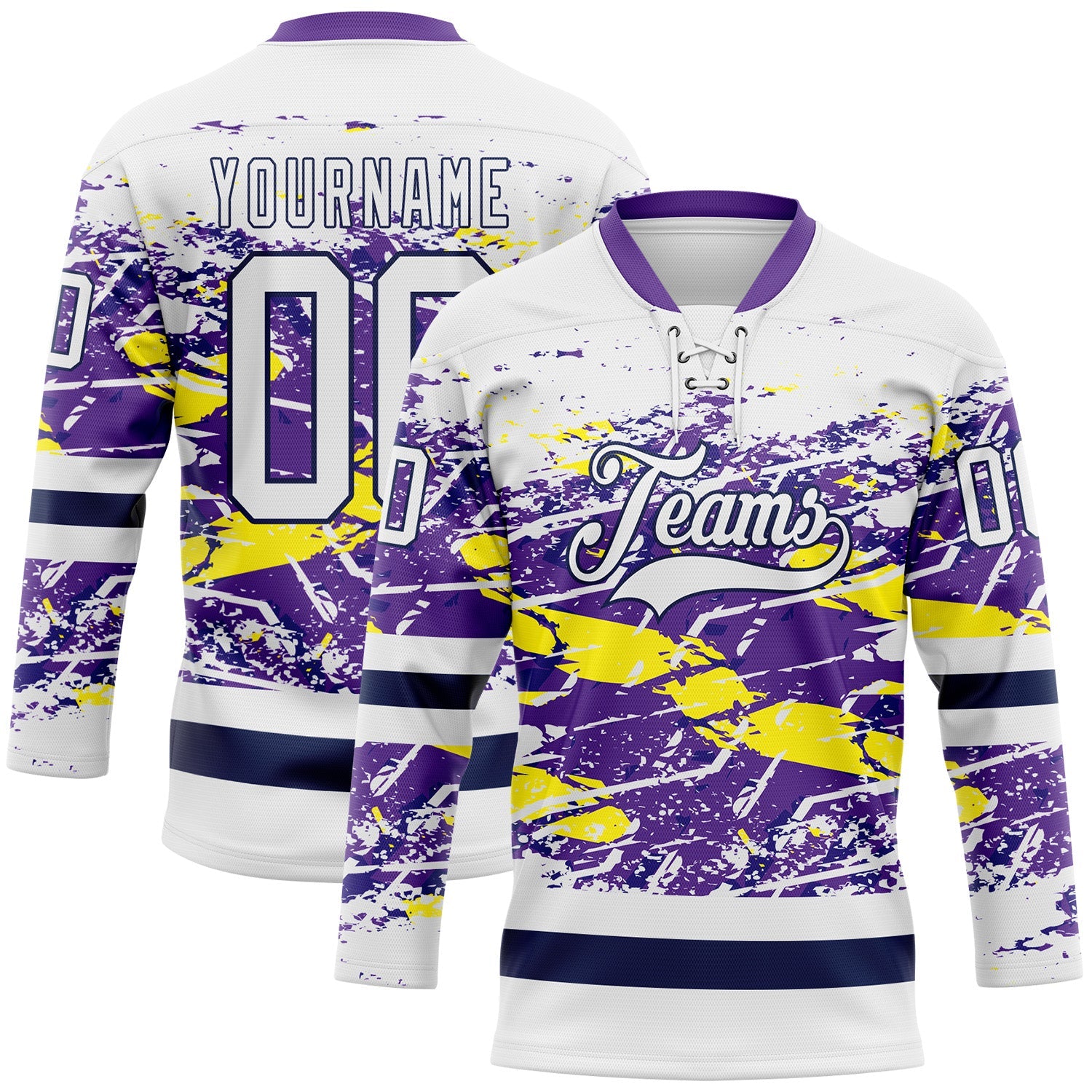 Custom White Purple Yellow-Navy Abstract Splatter Paint Grunge Hockey Lace Neck Jersey - Main View