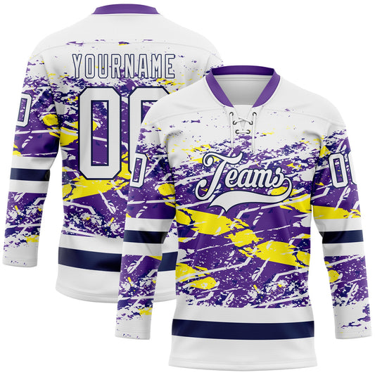 Custom White Purple Yellow-Navy Abstract Splatter Paint Grunge Hockey Lace Neck Jersey - Main View