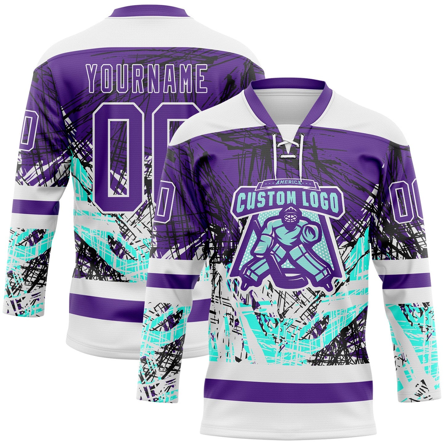 Custom Purple Green-White Abstract Splatter Paint Grunge Hockey Lace Neck Jersey view 2