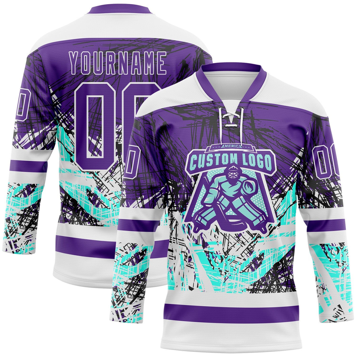 Custom Purple Green-White Abstract Splatter Paint Grunge Hockey Lace Neck Jersey view 2