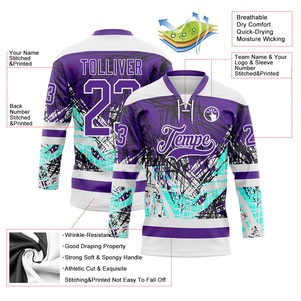 Custom Purple Green-White Abstract Splatter Paint Grunge Hockey Lace Neck Jersey view 5