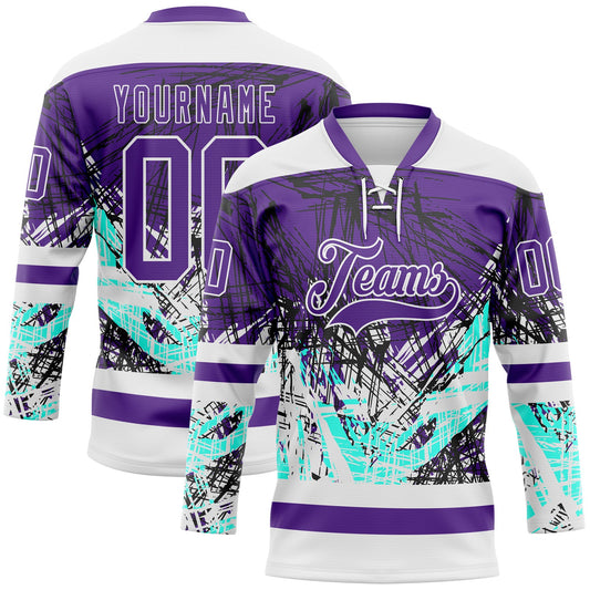 Custom Purple Green-White Abstract Splatter Paint Grunge Hockey Lace Neck Jersey - Main View