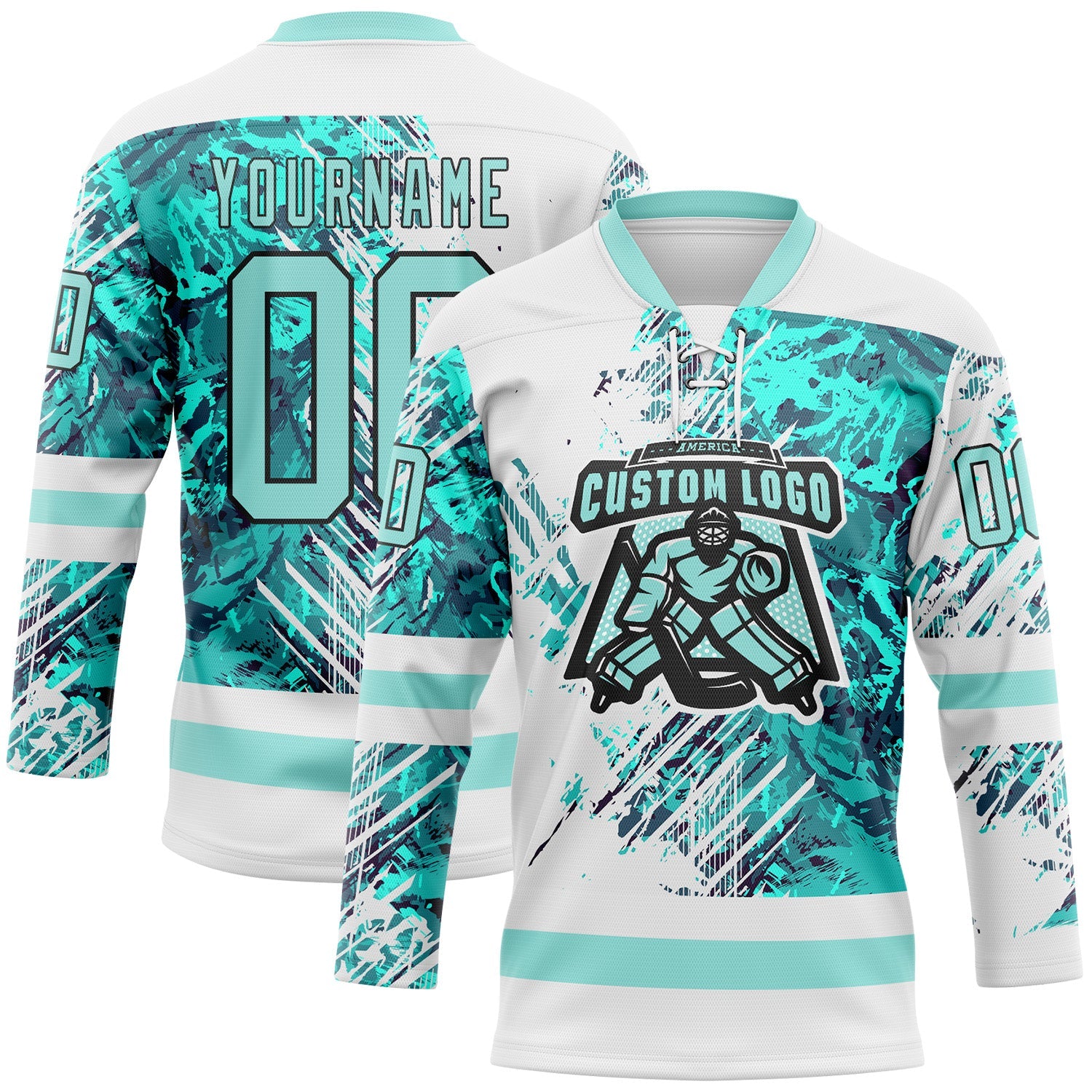 Custom White Ice Blue-Black Abstract Splatter Paint Hockey Lace Neck Jersey view 2