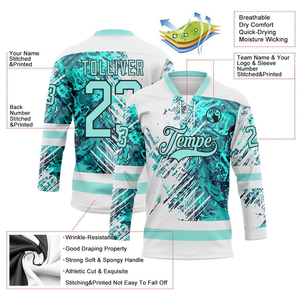 Custom White Ice Blue-Black Abstract Splatter Paint Hockey Lace Neck Jersey view 5