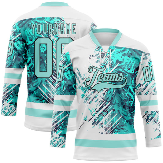 Custom White Ice Blue-Black Abstract Splatter Paint Hockey Lace Neck Jersey - Main View