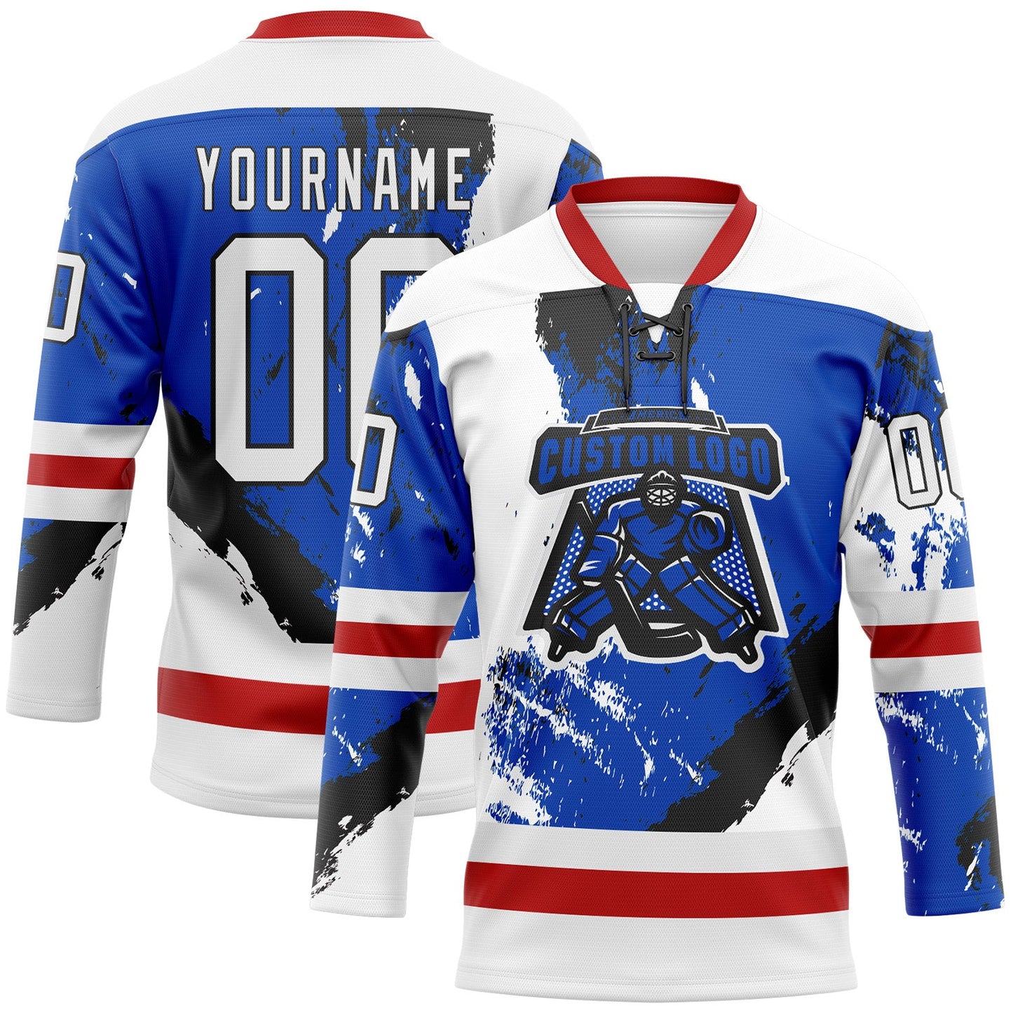Custom White Thunder Blue Red-Black Abstract Splatter Paint Hockey Lace Neck Jersey view 2