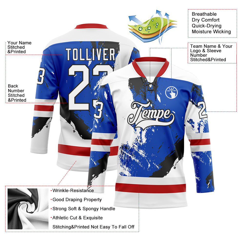 Custom White Thunder Blue Red-Black Abstract Splatter Paint Hockey Lace Neck Jersey view 5