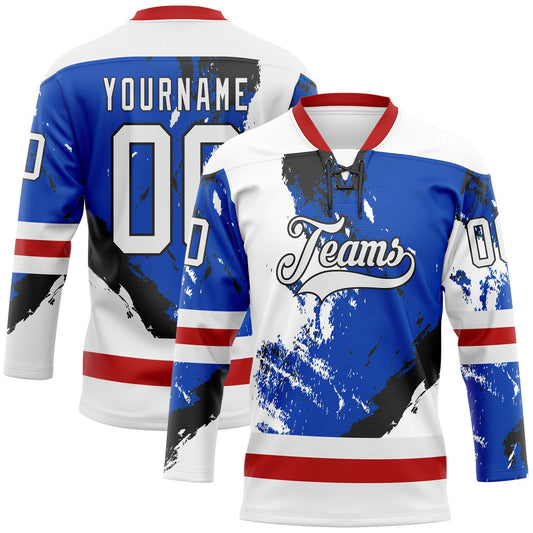 Custom White Thunder Blue Red-Black Abstract Splatter Paint Hockey Lace Neck Jersey - Main View