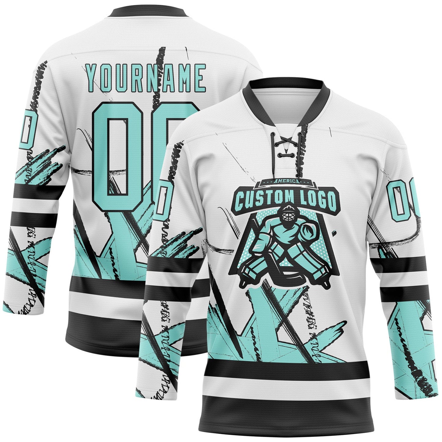 Custom White Ice Blue-Black Abstract Splatter Paint Hockey Lace Neck Jersey view 2