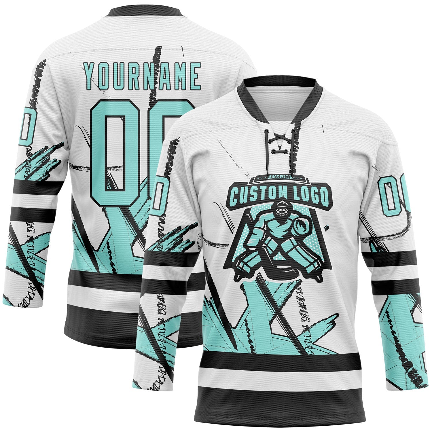 Custom White Ice Blue-Black Abstract Splatter Paint Hockey Lace Neck Jersey view 2