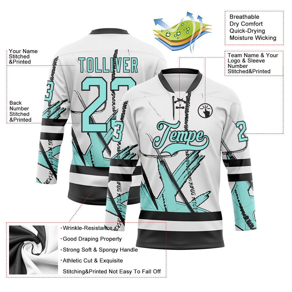 Custom White Ice Blue-Black Abstract Splatter Paint Hockey Lace Neck Jersey view 5