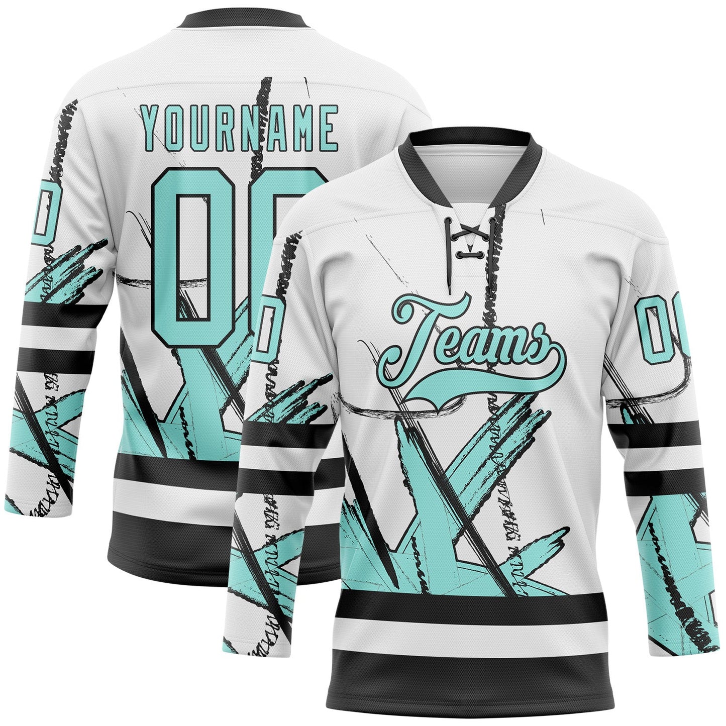 Custom White Ice Blue-Black Abstract Splatter Paint Hockey Lace Neck Jersey - Main View